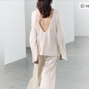 NWT ZARA SATIN CREAM OPEN BACK TOP BLOUSE LONG SLEEVE